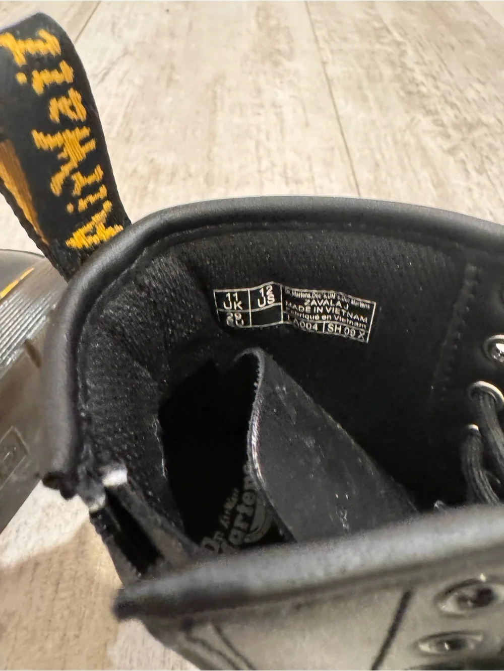 Dr. Martens Black Leather Kids Lace-Up Boots with Yellow Stitching